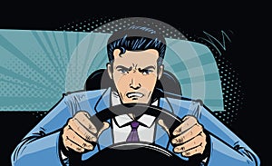 Aggressive driver behind the wheel of car. Race, pursuit in pop art retro comic style. Cartoon vector illustration photo