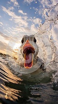 Aggressive ducks shocking pose in the river with splashes of water