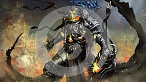 An aggressive fire elemental in steel armor wielding an enormous sword.