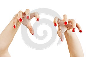 Aggressive girl hands with long red nails