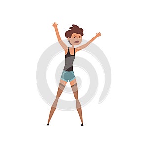Aggressive girl standing with arms raised, aggressive and violent behavior vector Illustration on a white background