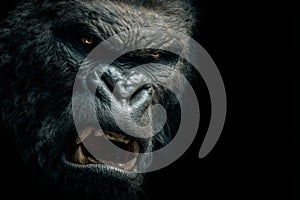 Aggressive gorilla roaring showing its teeth on a black background