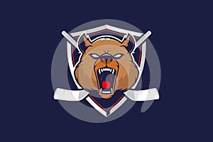 Aggressive grizzly bear head with shield for hockey team logo vector template