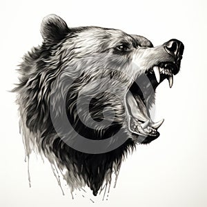 Aggressive Grizzly Bear Mouth Drawing In Black And White