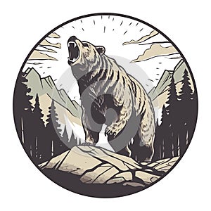Aggressive grizzly bear on a wild nature background. T-shirt print badge design, vector illustration