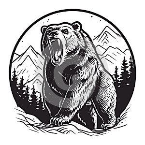 Aggressive grizzly bear on a wild nature background. T-shirt print badge design, vector illustration