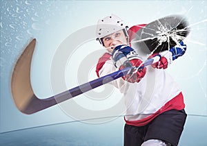 Aggressive hockey player shot into camera front glass