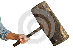 Aggressive human hand holding big hammer