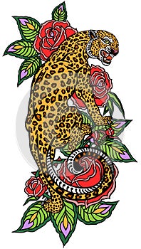 Aggressive leopard climbing up and blooming roses