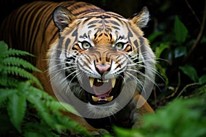 aggressive-looking tiger showing teeth in the jungle