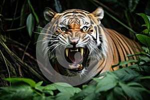 aggressive-looking tiger showing teeth in the jungle