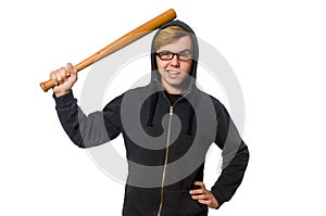 The aggressive man with baseball bat isolated on white