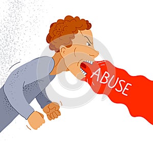 Aggressive man psychological abuser vector illustration, scream and shout quarrel with violent clenched fists, domestic violence