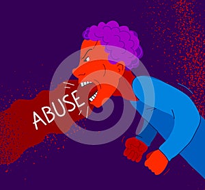 Aggressive man psychological abuser vector illustration, scream and shout quarrel with violent clenched fists, domestic violence