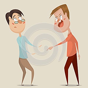 Aggressive man threats and shouts on frightened man in anger. Emotional concept of aggression, tyranny and despotism