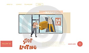 Aggressive Masked Male Characters Looting Landing Page Template. Masked Looters Stealing Goods through Broken Showcase