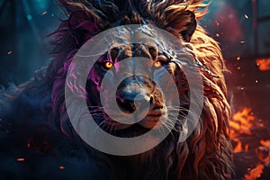 Aggressive mystical angry lion on a dark background with smoke and fire, AI Generated