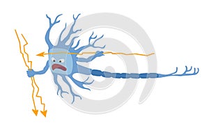 An aggressive neuron with lightning bolts, a brain cell under stress, the concept of a nervous breakdown