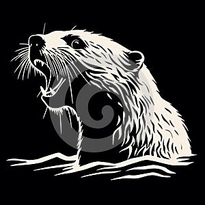 Aggressive Otter Clipart: Bold Woodcut Illustration On Black Background