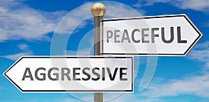 Aggressive and peaceful as different choices in life - pictured as words Aggressive, peaceful on road signs pointing at opposite