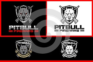 Aggressive pitbull with rifle and shield vector badge logo template