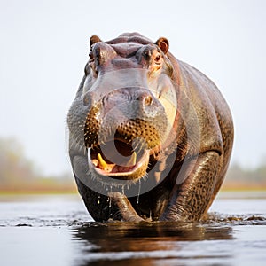 Aggressive posturing Hippopotamus demonstrates territorial behavior with assertive gestures