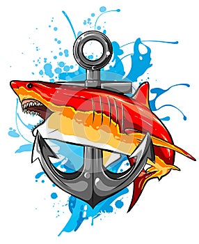 Aggressive shark jump attack illustration. vector art