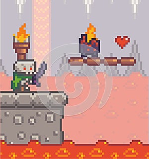 Aggressive skeletone with sword in pixelg game, npc, mob, cave with boiling magma, bonus life