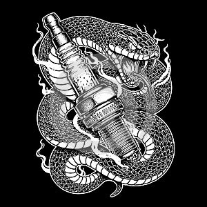 Aggressive Snake Coiled Around Spark Plug - Black and White Illustration
