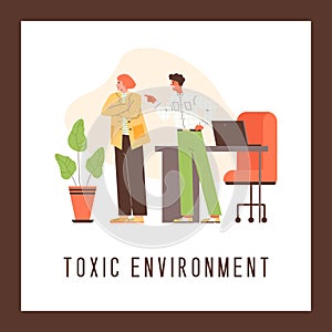 Aggressive toxic environment and tensions in office, flat vector illustration.