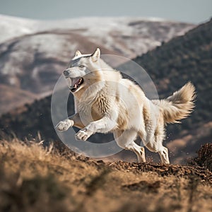 an aggressive white wolf running