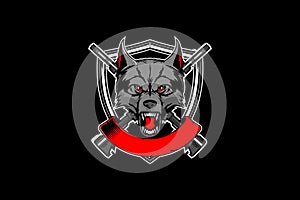 Aggressive wolf head cartoon with rifles military theme