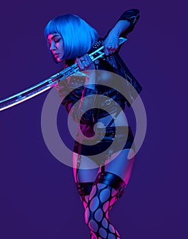 Aggressive woman fighter in cyberpunk style with sword