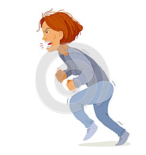 Aggressive woman psychological abuser vector illustration, scream and shout quarrel with violent clenched fists, domestic violence