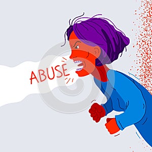 Aggressive woman psychological abuser vector illustration, scream and shout quarrel with violent clenched fists, domestic violence