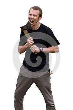 Aggressive young man with ax on the white
