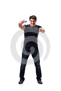 The aggressive young man with gun isolated on white