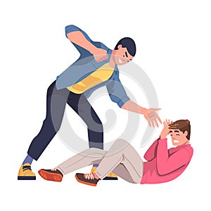 Aggressor and Victim with Violent Man Abusing and Beating with Fist Lying One Vector Illustration