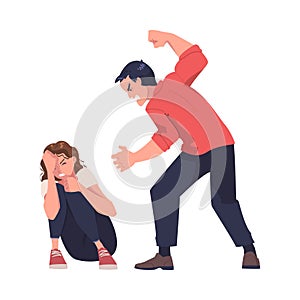 Aggressor and Victim with Violent Man Abusing Weak Woman Vector Illustration