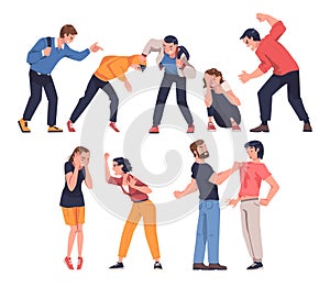 Aggressor and Victim with Violent Man Shouting and Abusing Weak Woman Vector Set photo