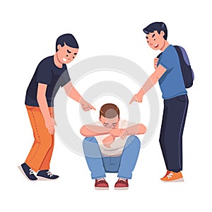 Aggressor and Victim with Violent Teenager Boy Abusing Weak Agemate Vector Illustration photo