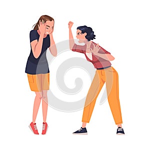Aggressor and Victim with Violent Woman Shouting and Abusing Weak Agemate Vector Illustration
