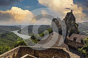 Aggstein Castle ruins at sunse time. Wachau Valley of Danube River, Austria