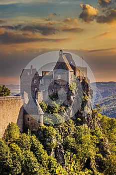 Aggstein Castle ruins at sunse time. Wachau Valley of Danube River, Austria