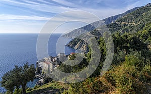 Agia Grigoriou Orthodox monastery at Mount Athos, Agion Oros, Holy Mountain, Halkidiki , Greece.