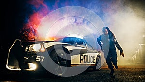 Agile Black Policewoman Stepping out of the Police Vehicle and Sprinting to Help a Mugged Victim photo