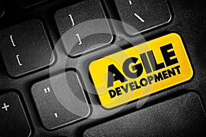 Agile Development - any development process that is aligned with the concepts of the agile manifesto, text concept button on