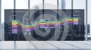 Agile development lifecycle chart with data visualization and cityscape background