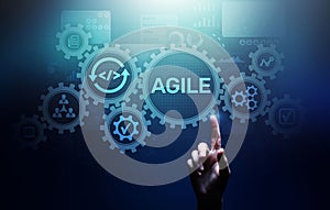 Agile development methodology concept on virtual screen. Technology concept.