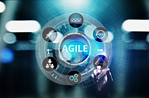 Agile development methodology concept on virtual screen. Technology concept.